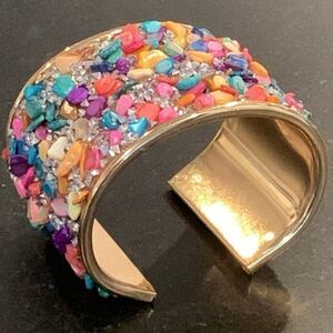 18k Gold Plate Rainbow Sprinkles Gemstone Cuff Multicolor Wide Bangle Bracelet